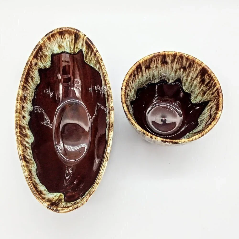 Set of 2 Vintage Canonsburg Ironstone Brown Drip Glaze Ceramic Bowls